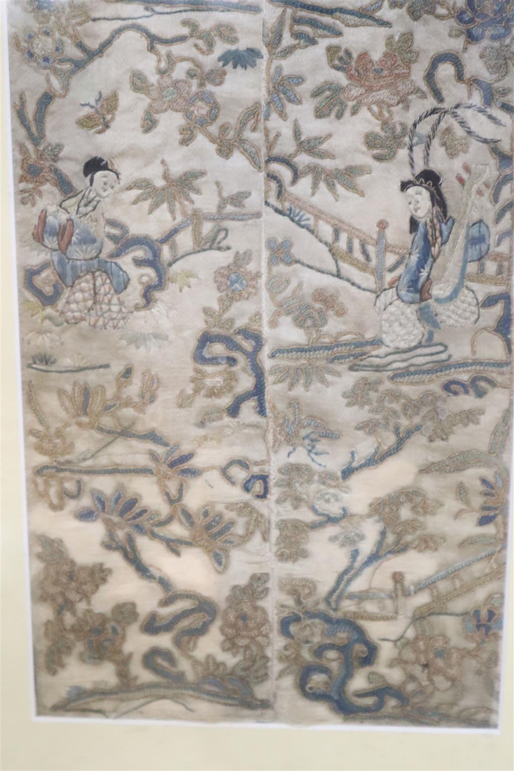 A Chinese embroidered sleeve, 15 x 47cm, framed